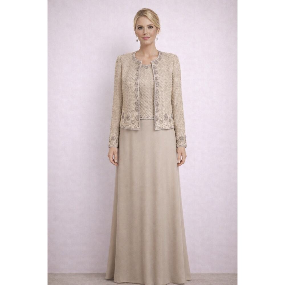 Adrianna Papell Occasions Beige Beaded Silk 2 Piece Set - Size 8